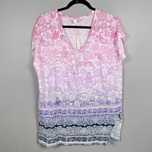 J Jill Love Linen Paisley Print Linen‎ Top Women Large Short Sleeve V Neck